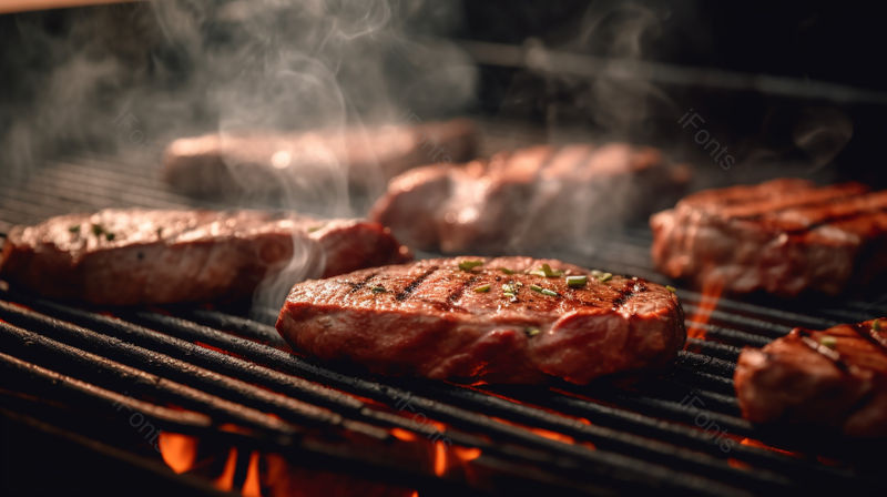 烧烤架上的烤肉牛排酱料肉类冒烟特写镜头摄影图,高清,摄影图,摄影图片,图片大全,摄影图免费下载